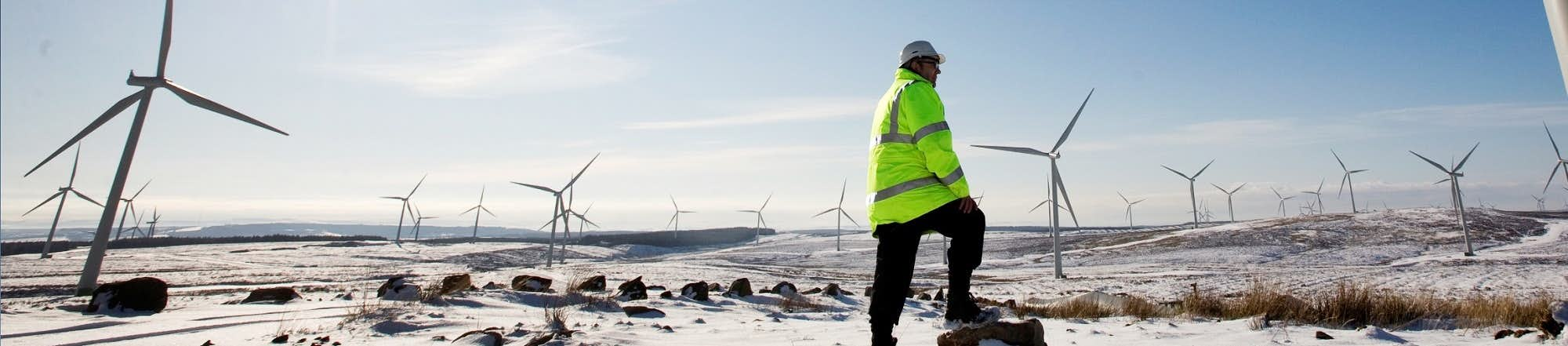 A person in a florescent jacket and a hard hat, standing in front of a field of wind turbines.