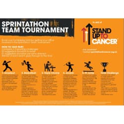 Orange poster with Stand up to Cancer logo. Images of stickman doing 5 different activities. With suggestions of how to take part.