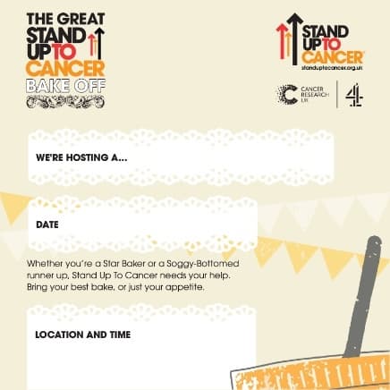 Poster for bake off stand up to cancer UK. Contains white text boxes for capturing type of event, date, location and time.