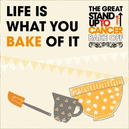 'Life is what you bake of it' text with silicone spatula, measuring just and baking bowl imagery.