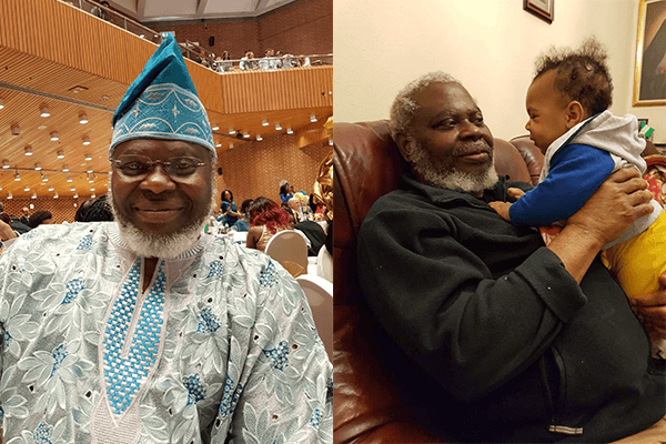 2 pictures of nnamdi, the left one showing him smiling in a hall and the right sat on a sofa holding a child.