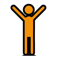 Orange stick figure stood with both hands raised above head.