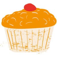 Artwork of an orange cupcake in a wrapper with a cherry on top.