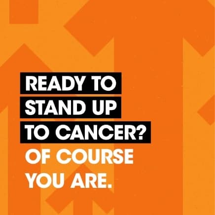 Orange brochure with black banner and white text 'Ready to stand up to cancer? Of course you are'.