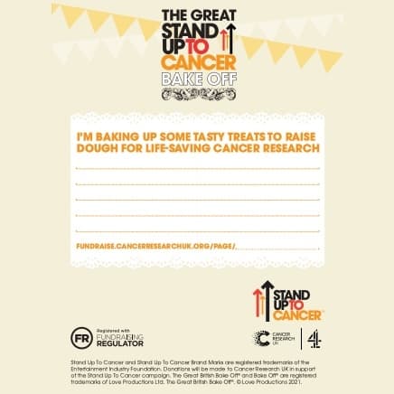 Invitation to a bake off themed stand up to cancer UK event. Contains white text boxes for invitee's address.