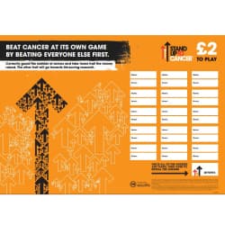 Poster with orange background and black Stand Up to Cancer logo. White text boxes for Name and Guess.