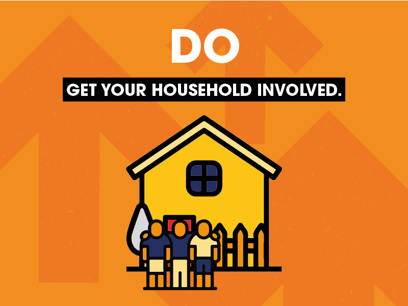 Yellow cartoon house on orange background. 3 stickfigures in front of the house. Text reads 'DO Get your household involved'.