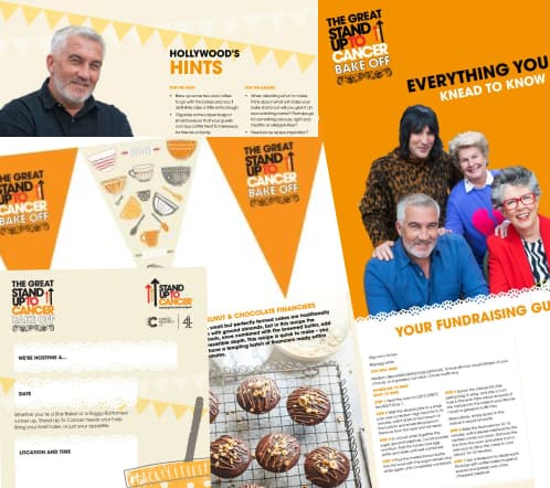 Different excerpts from the Stand up to cancer bake-off fundraiser guide are shown in a collage style.