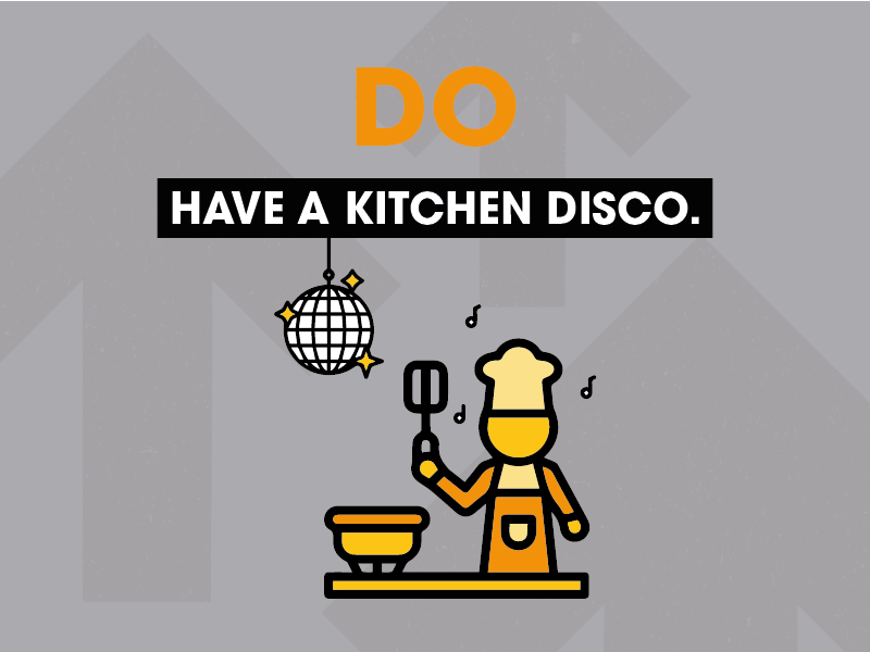 Orange stick man with a chefs hat having a disco in a kitchen. Text that reads 'have a kitchen disco'.