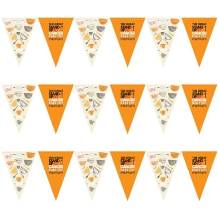 Orange and white alternating bunting. Orange bunting contains stand up to cancer logo. White bunting contains images of baking equipment.