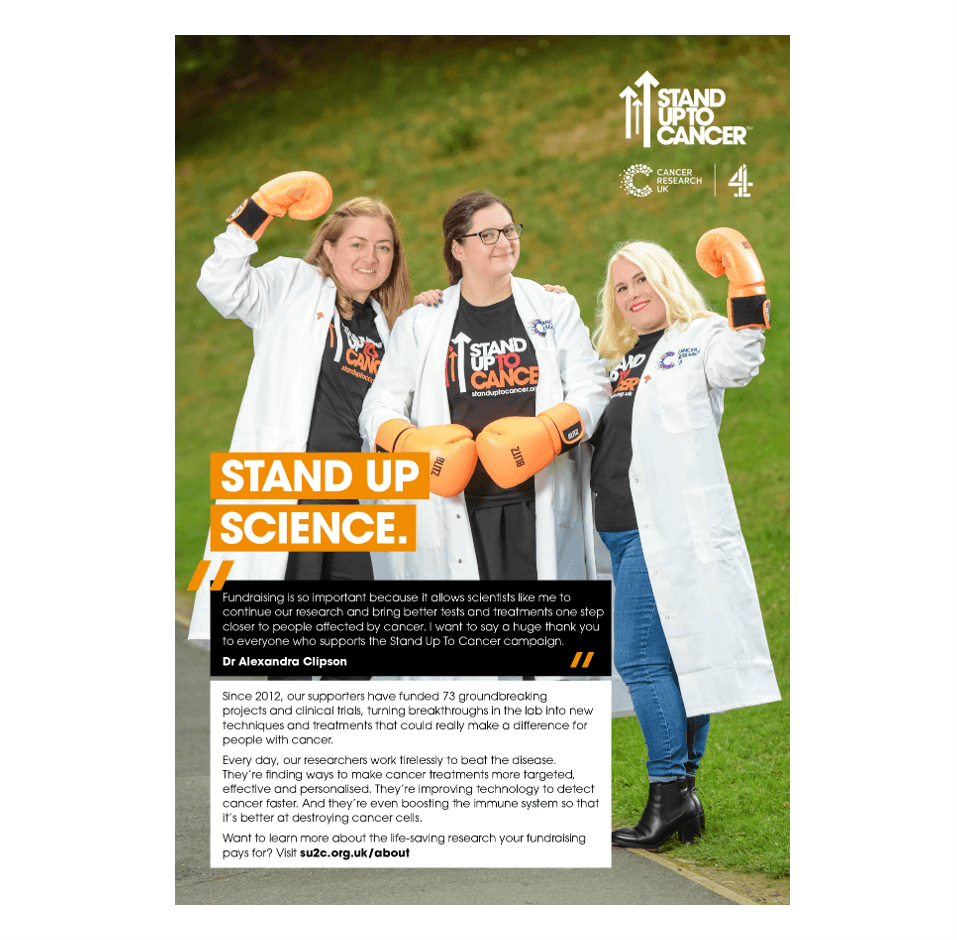 Three Stand Up To Cancer researchers in lab coats and boxing gloves with a quote from a doctor.