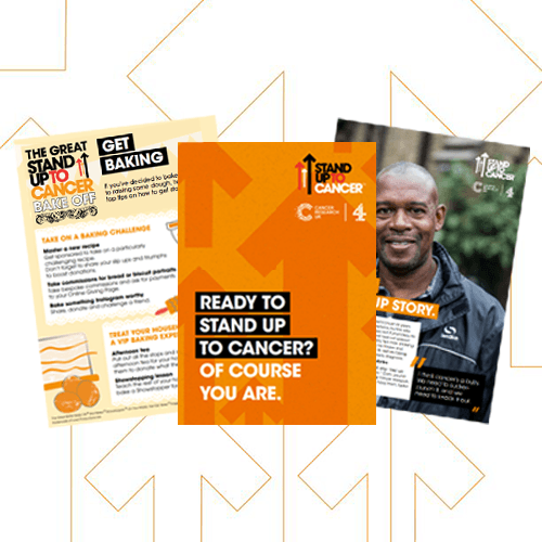A selection of printed materials, the leading page shows the phrase 'Ready to stand up to cancer? Of course you are'.