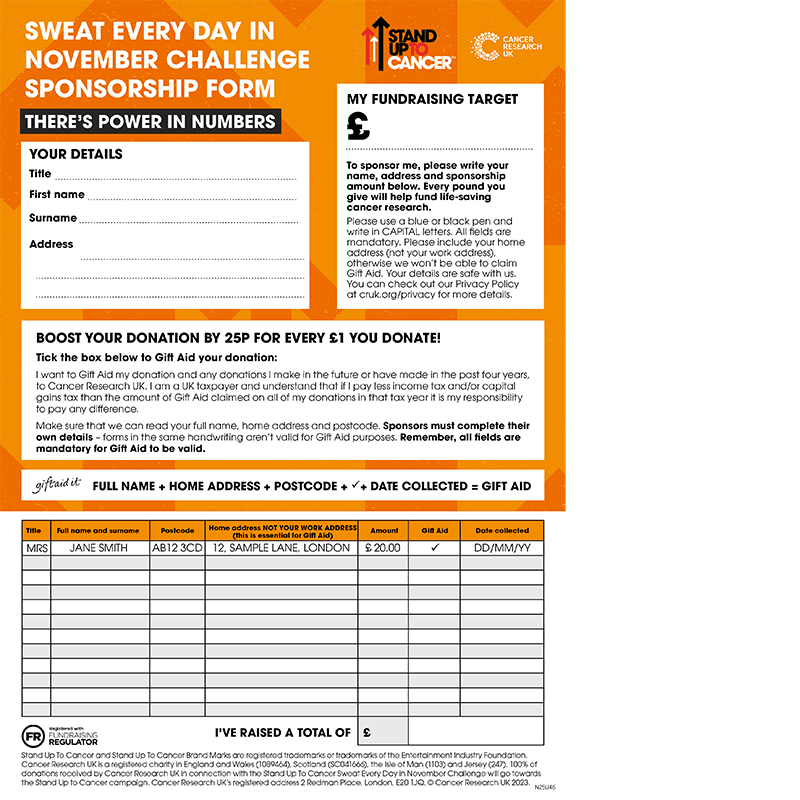 Sweat Challenge fundraising pack page thumbnail - sponsor form.