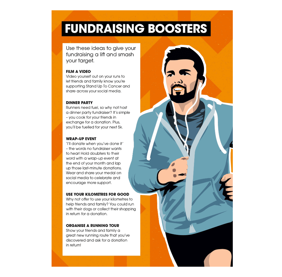 Fundraising boosters page featuring fundraising tips alongside an illustration of a runner on an orange background.