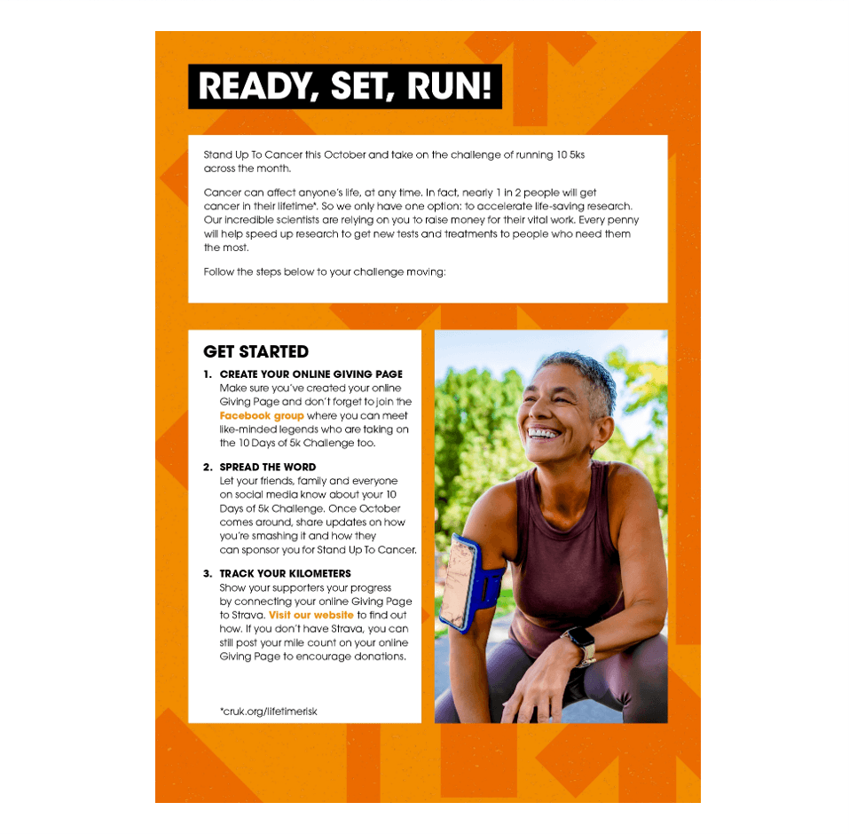 'Ready, set, run' page with getting started tips and a photo of a participant seated outdoors.