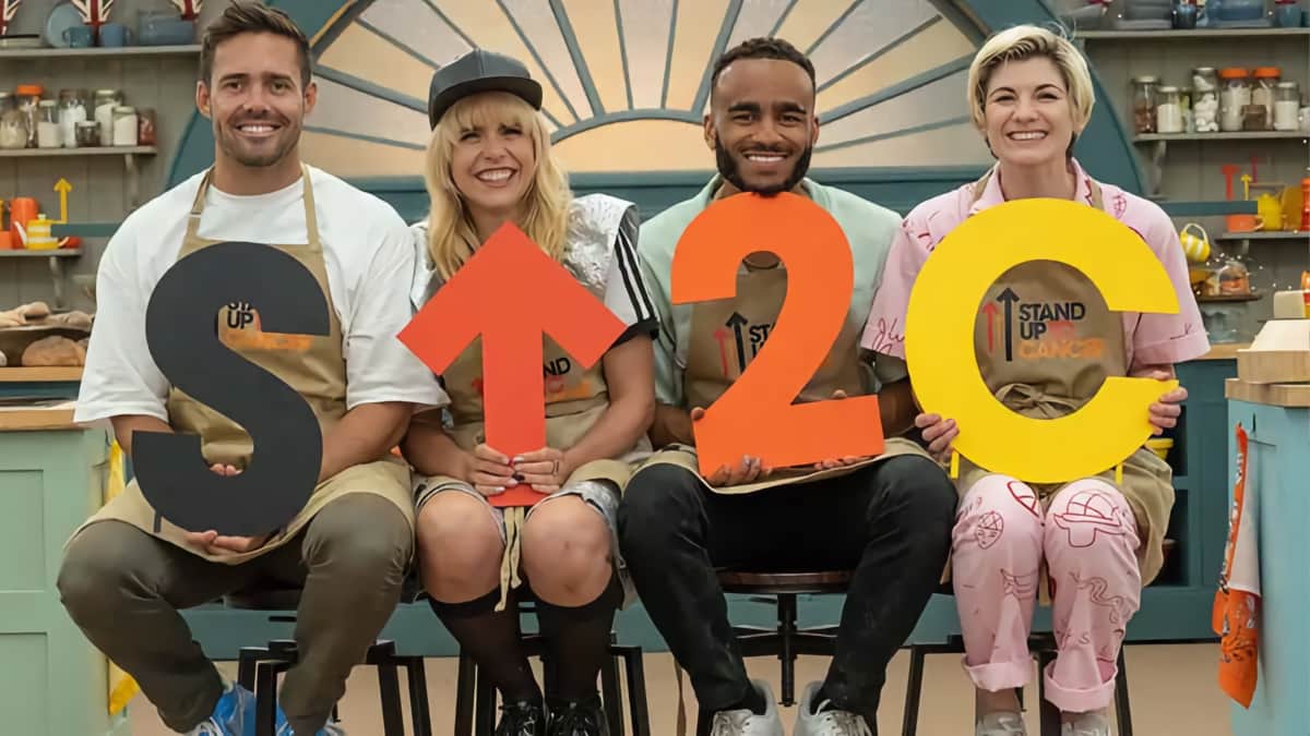 The celebrity contestants for episode 1 of The Great Stand Up To Cancer Bake Off 2024.